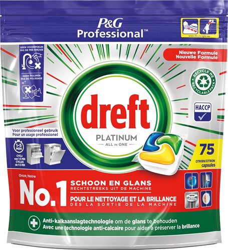 Dreft Platinum Lemon vaatwastabletten, pak van 75 capsules