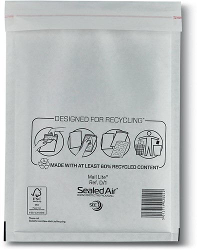 Mail Lite luchtkussenenveloppen, wit, D/1, 180 x 260 mm, doos van 200 stuks