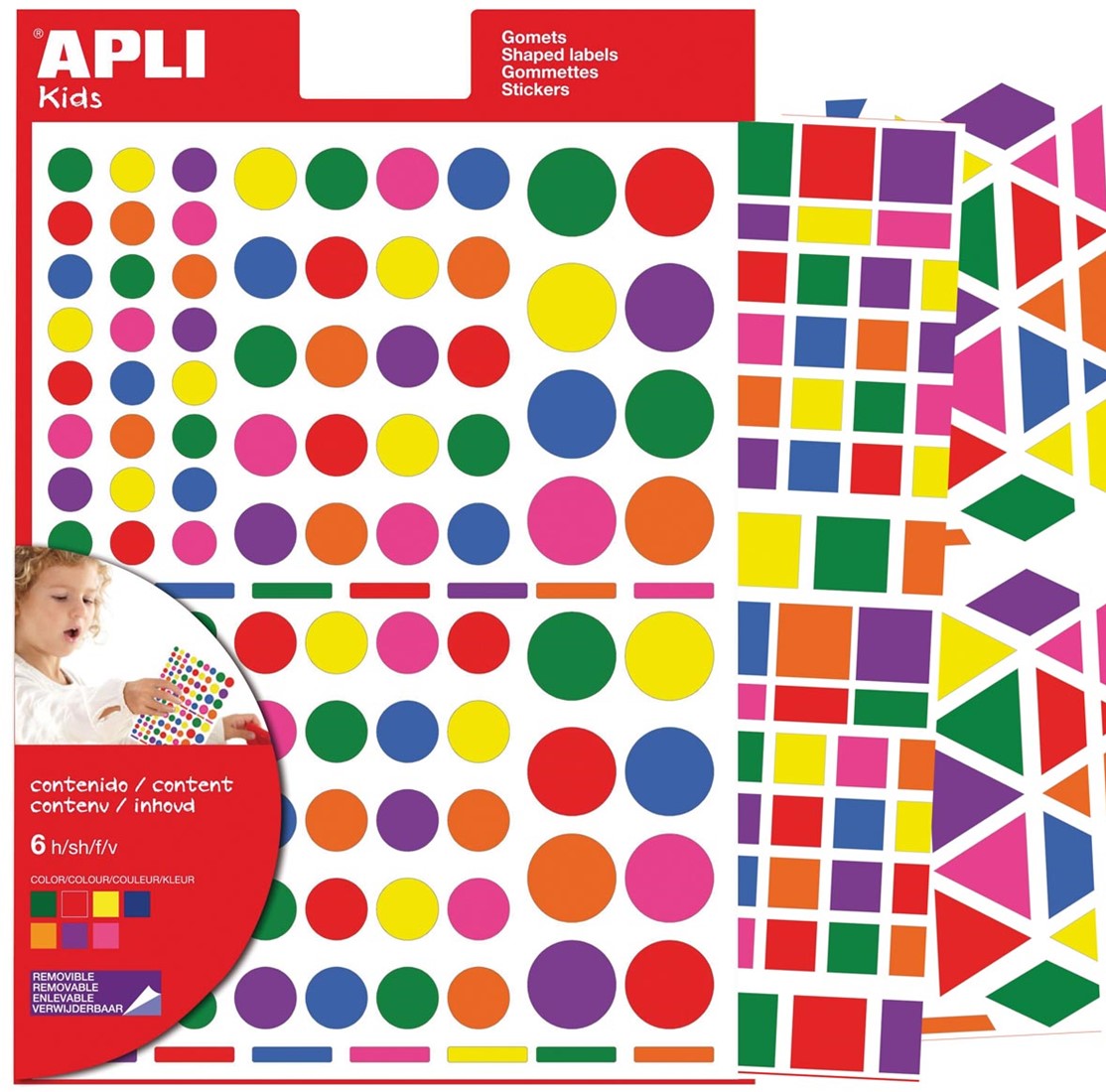 Apli Kids verwijderbare stickers, geassorteerde vormen, kleuren en groottes, blister met stuks One-Stop-Office-Shop.nl