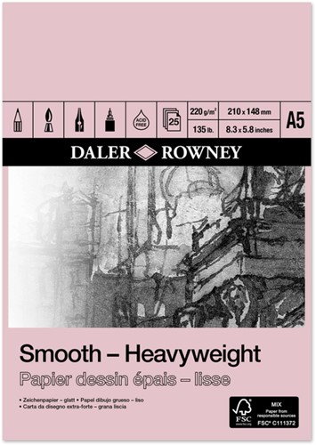 Tekenpapier Daler-Rowney Smooth Heavyweight 220gr A5 natuurlijk wit