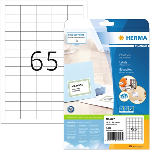 Etiket HERMA 5027 38.1x21.2mm premium wit 1625 etiketten