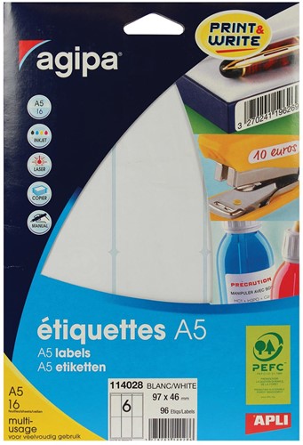 Agipa witte etiketten Print & Write ft 97 x 46 mm (b x h), 96 stuks, 6 per blad