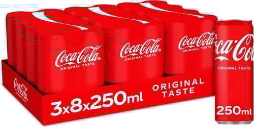 Coca-Cola frisdrank, sleek blik van 25 cl, pak van 24 stuks