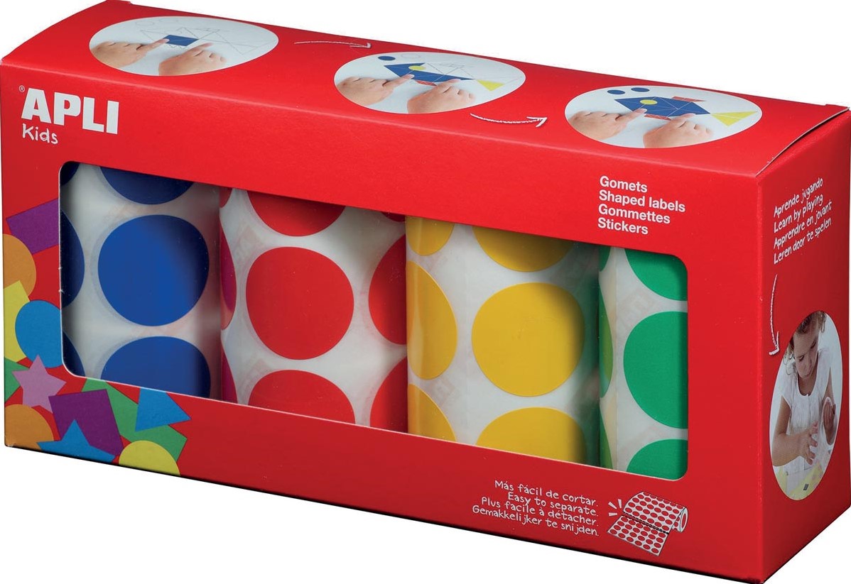 Apli Kids stickers XL cirkels, diameter 33 mm, doos met 4 rollen 4 kleuren One-Stop-Office-Shop.nl