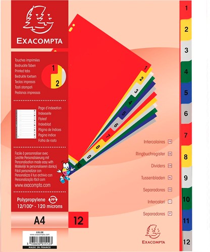 Exacompta tabbladen numeriek voor ft A4, uit PP 12/100e, 12 kleurtabs, met indexblad, wit