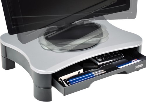 Desq monitorstandaard, met draaiplateau en 2 lades, zilver/zwart-3