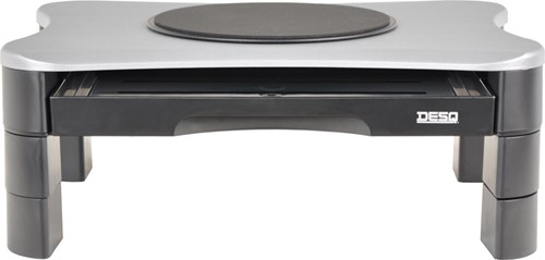 Desq monitorstandaard, met draaiplateau en 2 lades, zilver/zwart