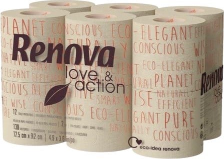 Renova Love & Action toiletpapier, 2-laags, 130 vel, pak van 108 rollen