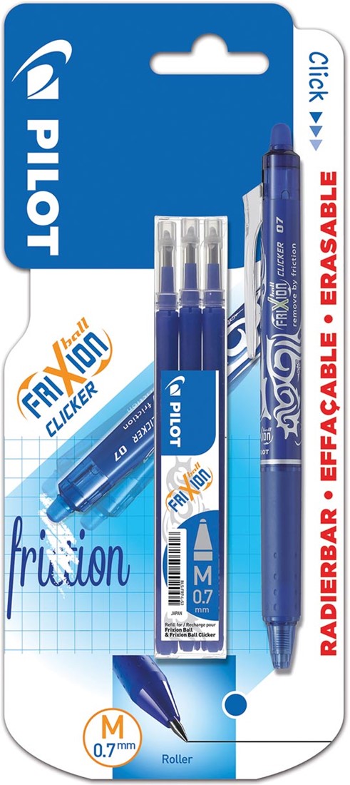 Pilot gelroller Frixion Ball Clicker blister van 4 stuks 1 gelroller 3 vullingen blauw