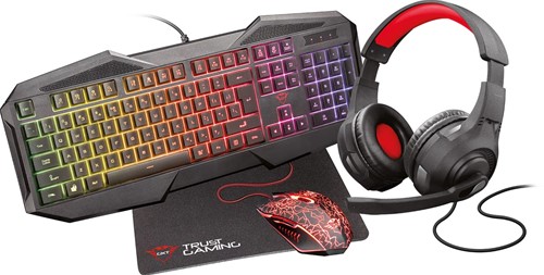 Trust GXT 1180RW 4-in-1 Gaming Set met headset, toetsenbord (azerty), muis en muismat