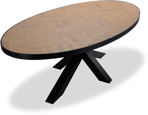 240x120 ovale mangohout tafel met zwarte rand en matrix zwart stalen onderstel