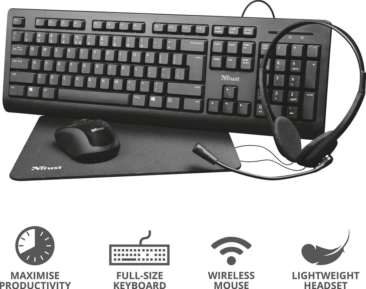Trust Primo 4-in-1 Home Office toetsenbord headset, (azerty), Set muis muismat en met