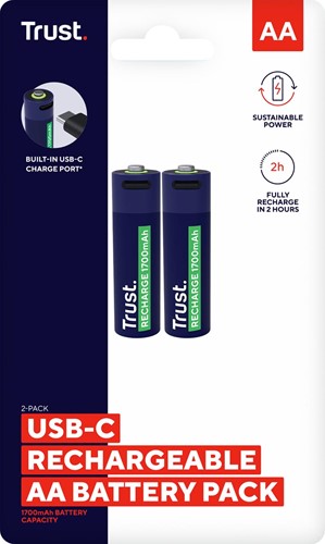 Trust USB-C herlaadbare batterijen AA, blister van 2 stuks-2