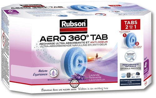 Rubson navulling voor ontvochtiger AERO 360, doos van 4 tabs van 450 gram, lavendel