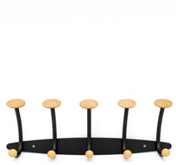 Muurkapstok met 5 houten haken zwart