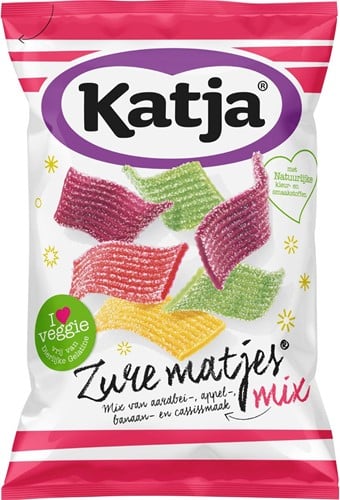 Katja Zure Matjes snoep, mix van aardbei-, appel-, banaan- en cassissmaak, zak van 250 g