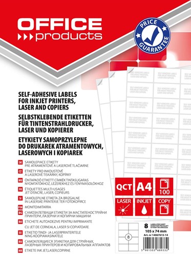 OFFICE products etiketten, wit, rechte hoeken, 100 vel, 105 x 74 mm, 8 etiketten per vel
