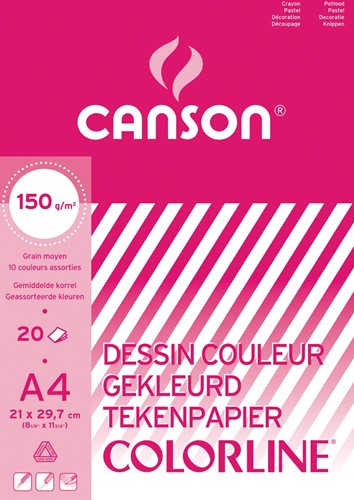 Canson tekenpapier Colorline, 150 g, ft 21 x 29,7 cm, A4, geassorteerde kleuren, blok van 20 vel