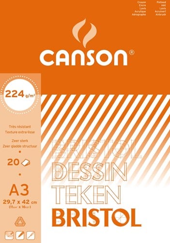 Canson tekenpapier Bristol, 224 g, ft 29,7 x 42 cm, A3, blok van 20 vel