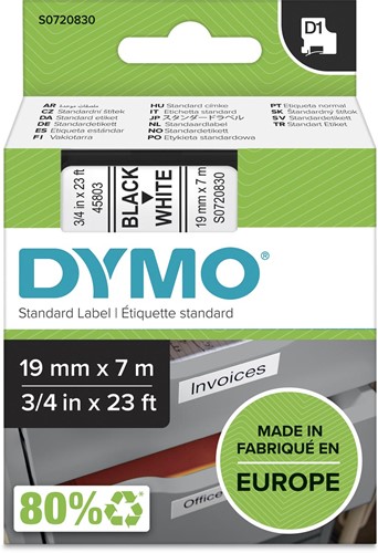 Dymo D1 tape 19 mm, zwart op wit