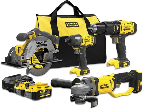 Stanley Fatmax schroefklopboor, slagschroevendraaier, cirkelzaag, haakse slijper 18V + 2 accu's + softbag