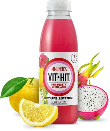 Vit Hit vitaminedrank Immunitea Dragon Fruit, flesje van 50 cl, pak van 12 stuks