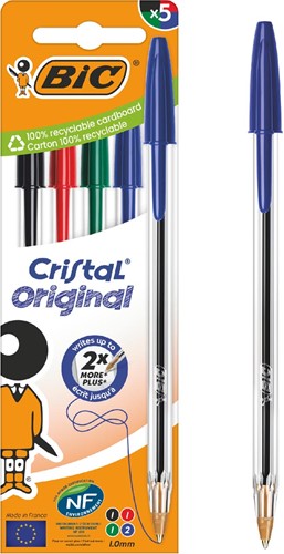 Bic Cristal balpen, medium, blister van 5 stuks: zwart, rood, groen en 2 x blauw-2