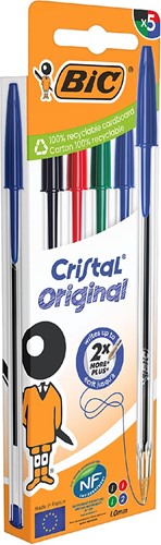 Bic Cristal balpen, medium, blister van 5 stuks: zwart, rood, groen en 2 x blauw