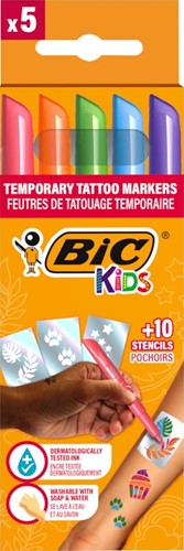 Bic Kids tattoo marker set, assorti, set van 5 pennen en 10 stencils