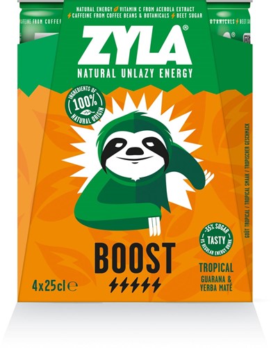 Zyla energiedrank Boost, tropical, blik van 25 cl, pak van 4 stuks