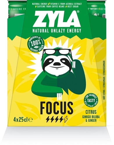 Zyla energiedrank Focus, citrus, blik van 25 cl, pak van 4 stuks