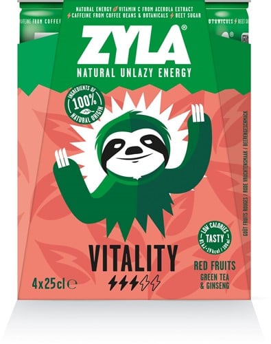 Zyla energiedrank Vitality, rode vruchten, blik van 25 cl, pak van 4 stuks