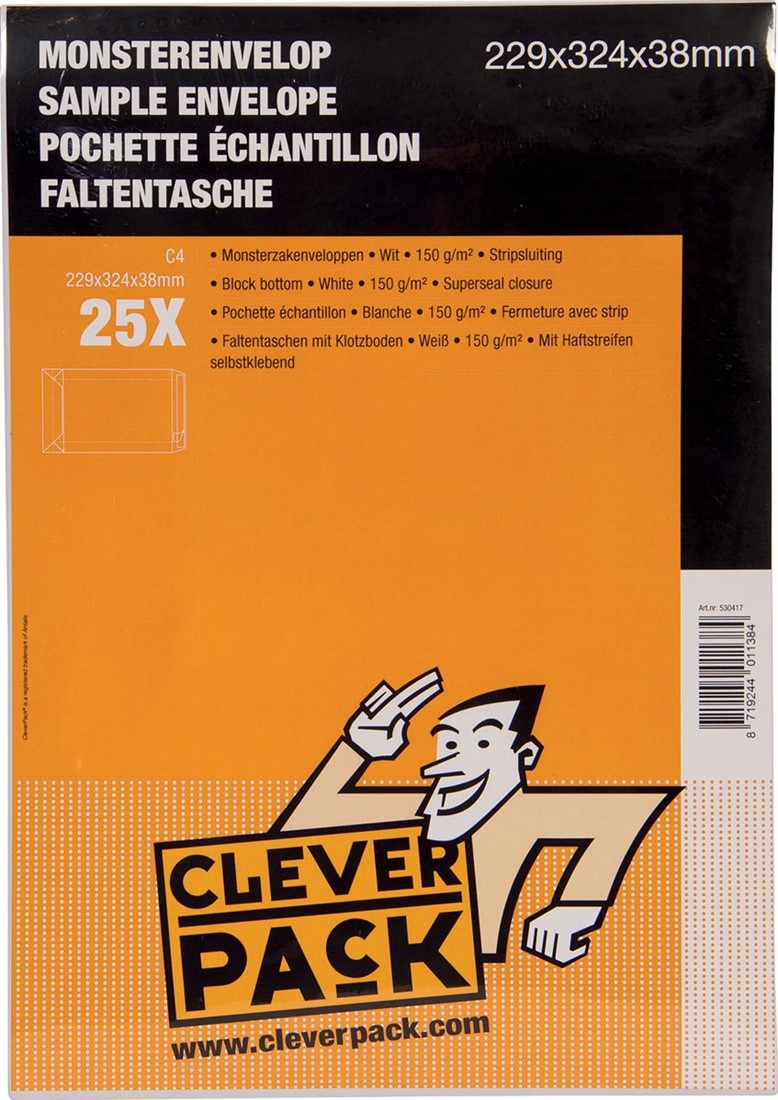 Cleverpack monsterenveloppen, ft 229 x 324 x 38 mm, met stripsluiting, pak van 25 stuks