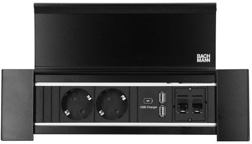 Power Frame - 2x 230V RA + 2x USB chrgr + 2x Cat6U b/b - 0,2m GST o.g. - cover zwart