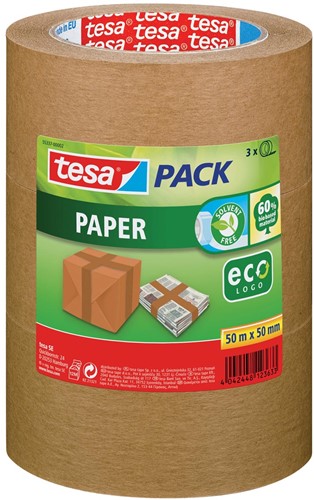 Tesapack paper ecoLogo, ft 50 mm x 50 m, bruin, pak van 3 stuks