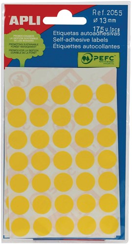 Apli ronde etiketten in etui diameter 13 mm, geel, 175 stuks, 35 per blad (2055)
