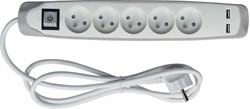 Perel contactdoos met 5 stopcontacten, 2 USB en schakelaar, 1,5 m, wit/grijs, voor NL