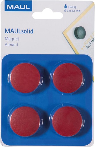 MAUL magneet Solid, 32 mm, trekkracht 800 gr, blister van 4 stuks, rood