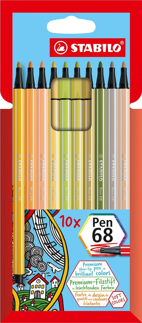 achterzijde klein Opschudding STABILO Pen 68 viltstift, kartonnen etui van 10 stuks in geassorteerde  zachte kleuren One-Stop-Office-Shop.nl