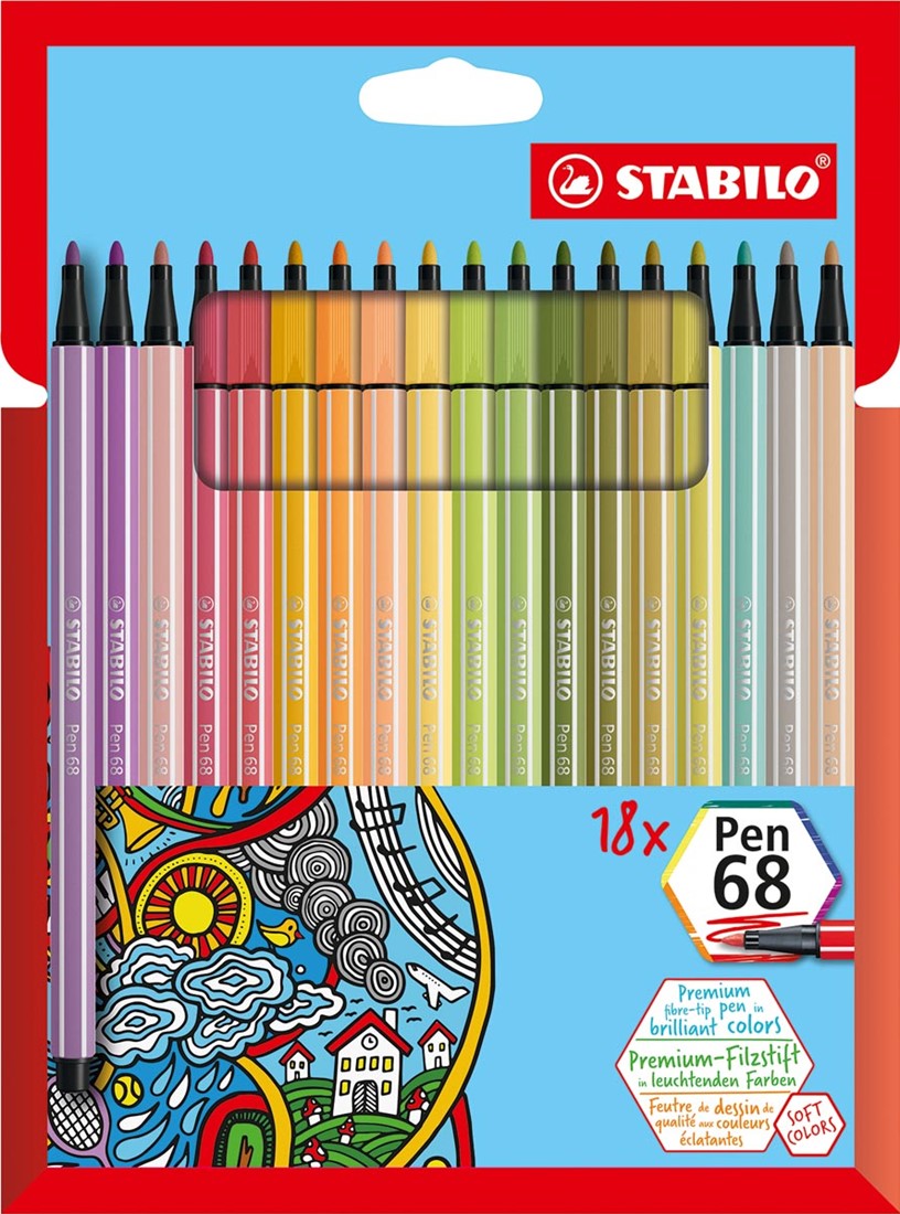cascade Kwijtschelding Wonen STABILO Pen 68 viltstift, kartonnen etui van 18 stuks in geassorteerde  zachte kleuren One-Stop-Office-Shop.nl