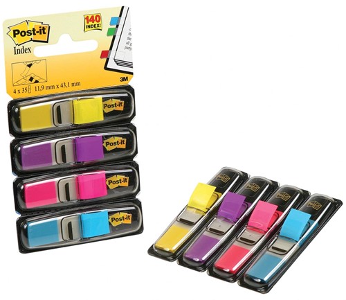 Post-it Index Smal, 4 x 35 tabs, geel, paars, roze en helderblauw