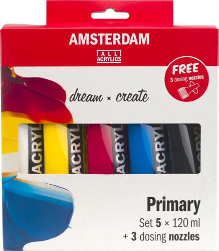 Amsterdam acrylverf primair 120 ml, 5 tubes + 3 tuiten