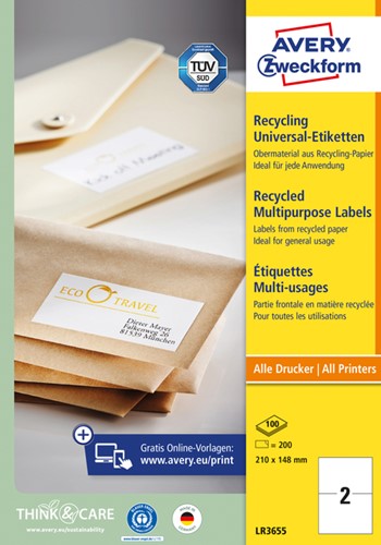 Etiket Avery Zweckform LR3655 210x148mm A5 recycled wit 200 etiketten