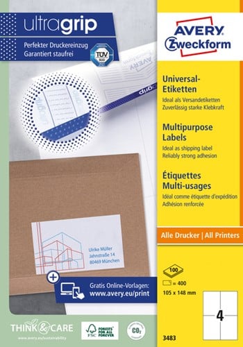 Etiket Avery Zweckform 3483 105x148mm A6 wit 400stuks
