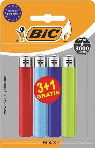 BIC Maxi vuursteen aansteker, geassorteerde kleuren, blister van 3 + 1 gratis