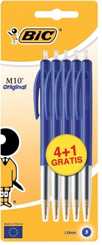 Bic balpen M10 Clic schrijfbreedte 0,4 mm, medium punt, blauw, blister 4 + 1 gratis