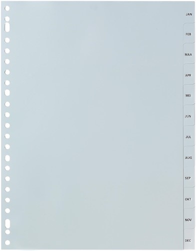 Pergamy tabbladen, ft A4, 23-gaatsperforatie, grijze PP, januari-december
