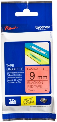 Labeltape Brother P-touch TZe-421 standaard 9mm zwart op rood