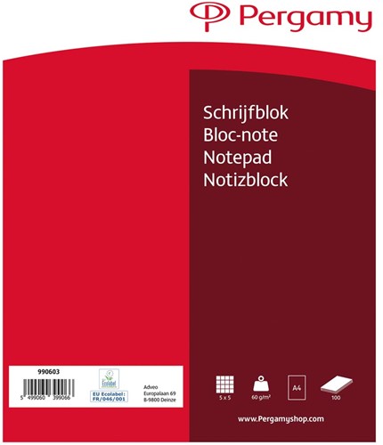 Pergamy schrijfblok, 60 g/m², ft A4, 100 vel, geruit 5 mm