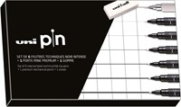 Uni Pin fineliner, ronde punt, zwart, doos van 6 stiften + vulpotlood en gom